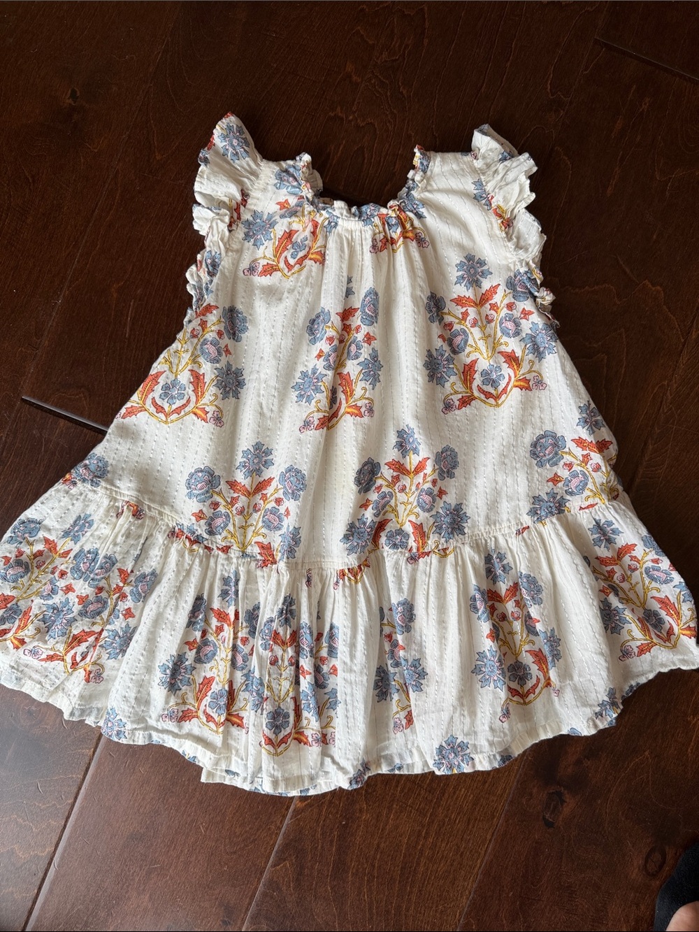 PINK CHICKEN: White Floral Print Ruffle Dress with Blue and Orange Accents